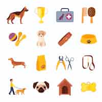 Vector gratuito los perros crían la colección de iconos plana con el kit veterinario y el ganador del premio del juguete hueso abstracto aislado ilustración vectorial
