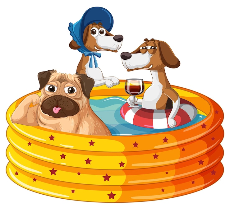 Vector gratuito perros de dibujos animados en piscina inflable