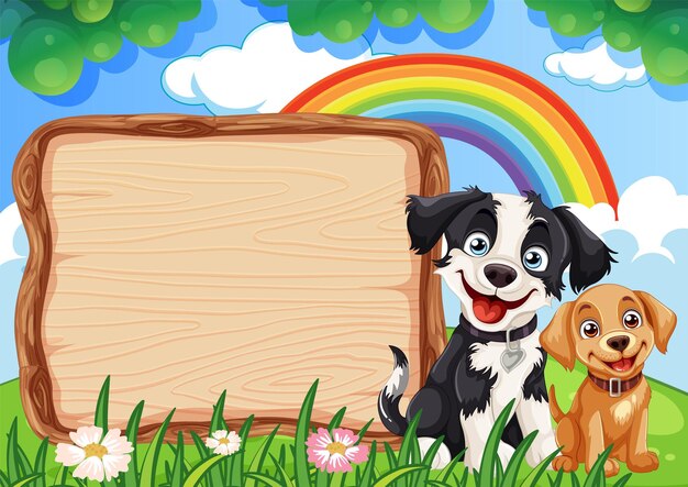 Perros juguetones con un letrero de madera bajo el arco iris