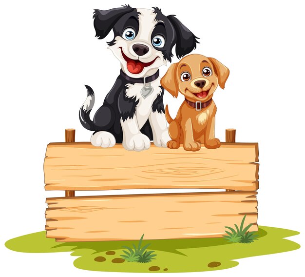 Perros juguetones en un letrero de madera