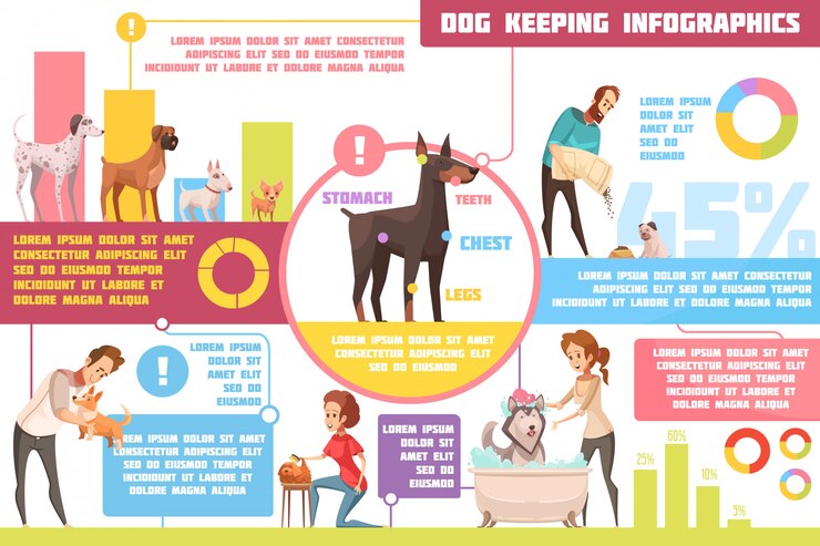 Vector gratuito perros mascotas que se alimentan de consejos prácticos de formación sobre crianza con veterinario retro dibujos animados infografía cartel abstracto vector ilustración