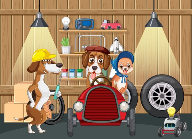 Perros repara coche en garaje