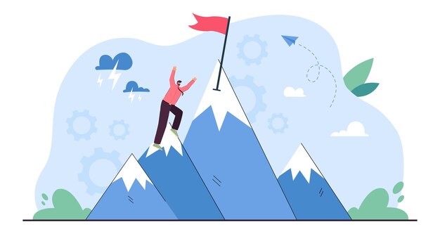 Perseverancia en el logro del objetivo comercial del hombre de negocios. Pequeño hombre valiente escalando la cima de la montaña para marcar con esfuerzo y creencia de ilustración de vector plano de victoria. Ambición, concepto de estrategia de éxito