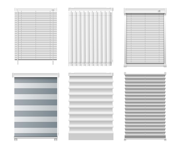 Persianas de ventana realistas conjunto de imágenes aisladas con persianas interiores modernas de varios diseños e ilustraciones vectoriales de colores