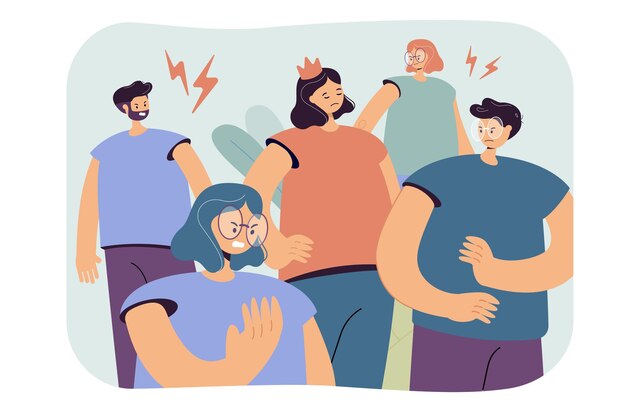 Persona arrogante egoísta en la corona que hace que un grupo de personas se moleste y enoje. Ilustración de dibujos animados