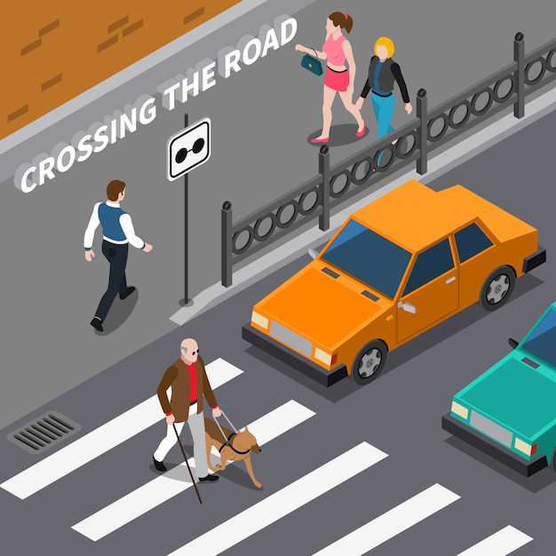 Persona ciega en el cruce de peatones ilustración isométrica
