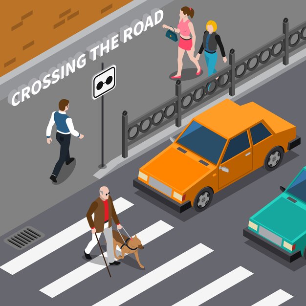 Persona ciega en el cruce de peatones ilustración isométrica
