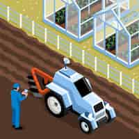 Vector gratuito la persona de composición de granja inteligente isométrica controla el tractor con una ilustración de vector de teléfono inteligente o tableta