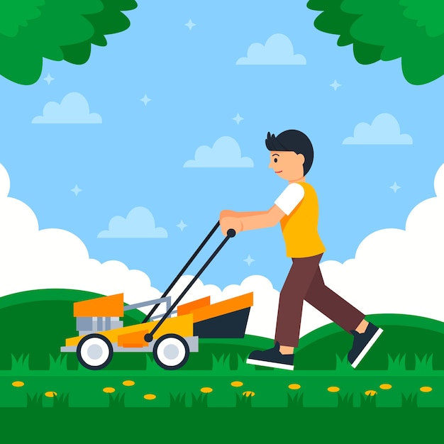 Persona cortando césped al aire libre ilustración