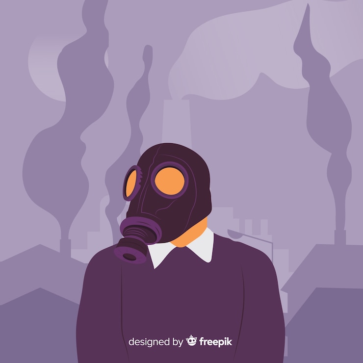 Vector gratuito persona con máscara rodeado de niebla tóxica