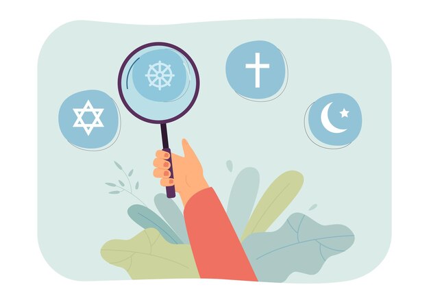 Persona mirando símbolos religiosos a través de una lupa. El budismo, el cristianismo, el judaísmo y el Islam simbolizan la ilustración vectorial plana. Concepto de religión para banner, diseño de sitio web o página web de inicio