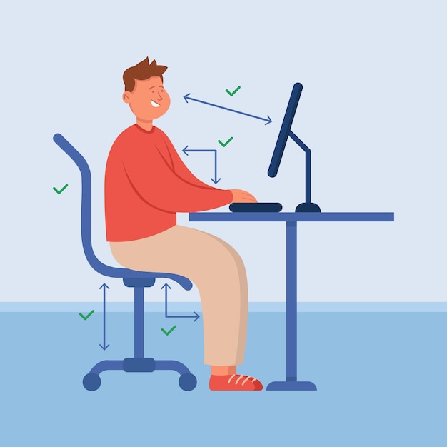 Persona de oficina con postura correcta sentada en el escritorio de la computadora. Posición correcta y distancia entre la pantalla y el personaje con una espalda sana en el trabajo ilustración vectorial plana. Salud, concepto de ergonomía