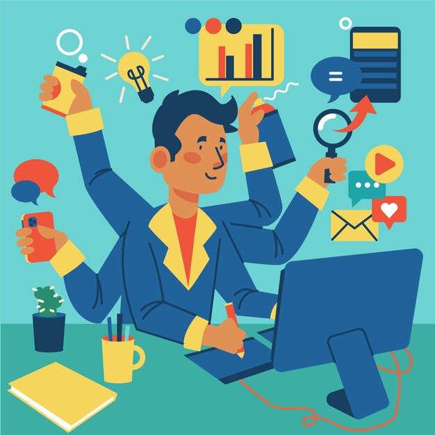 Persona que realiza diferentes actividades al mismo tiempo ilustrada