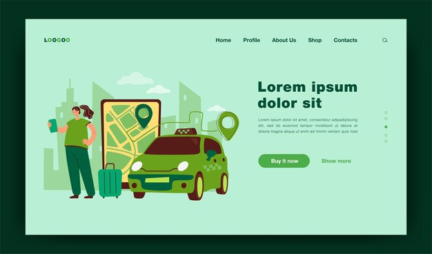 Persona que solicita un taxi al aeropuerto en línea. Pantalla grande con ruta en el mapa de la ciudad, taxi, pasajero con equipaje. ilustración