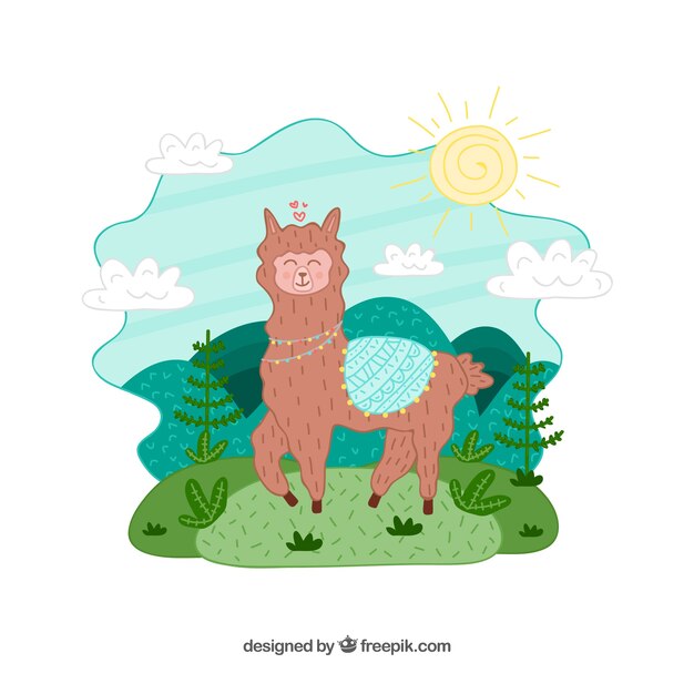 Personaje adorable de alpaca dibujada a mano