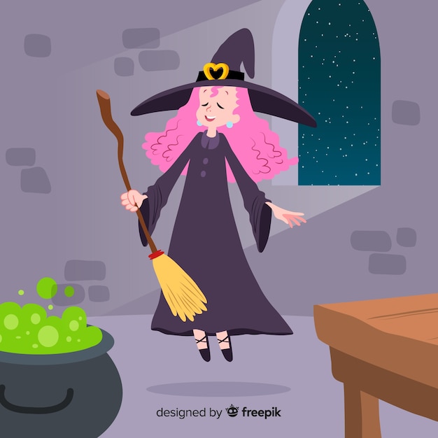 Personaje de bruja adorable con diseño plano