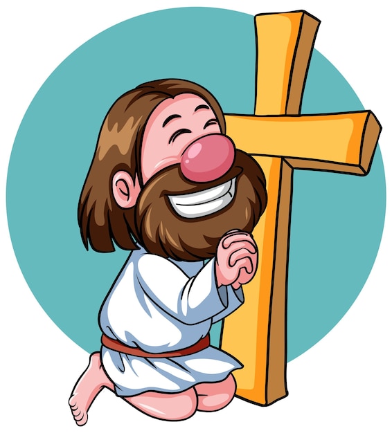 Personaje de caricatura de Jesucristo con cruz sobre fondo blanco.