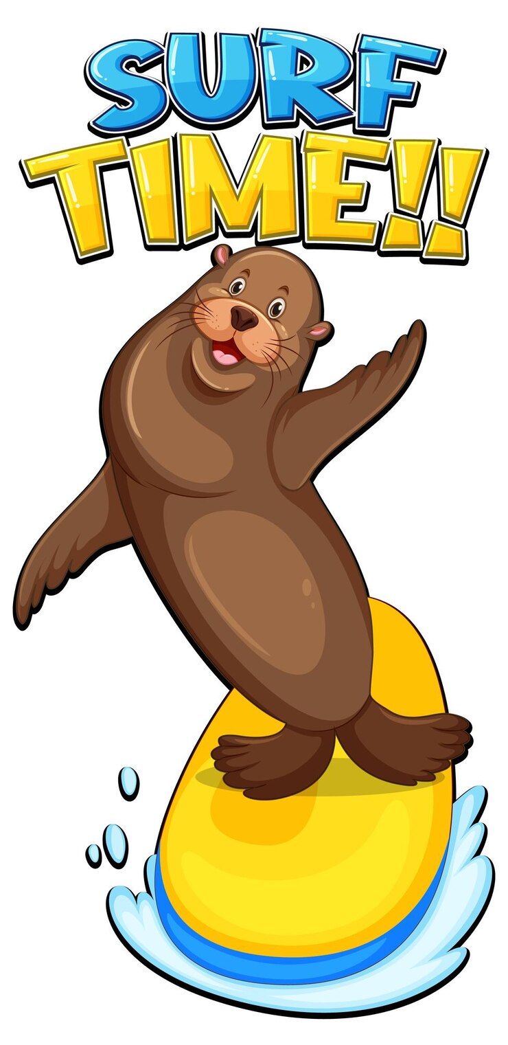 Vector gratuito personaje de cartón de león marino con palabra de tiempo de surf