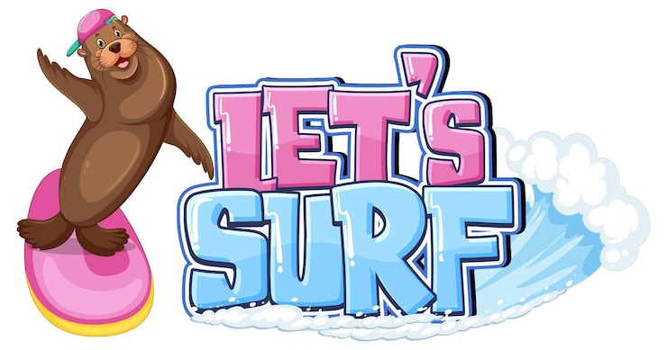 Vector gratuito personaje de cartón de leones marinos con lets surf word