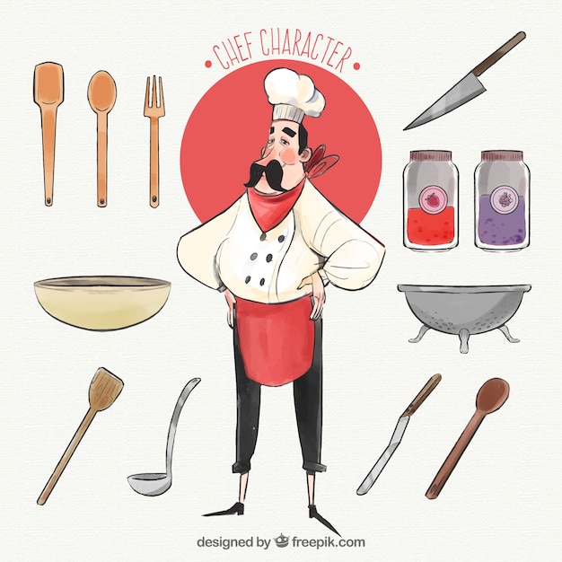 Personaje de chef con otros elementos dibujados a mano