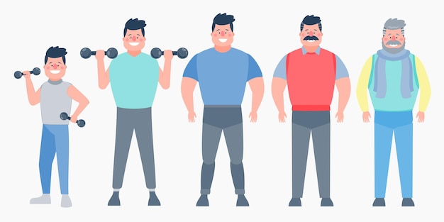 Vector gratuito personaje con ciclos de vida humana ilustración vectorial carácter de un hombre en diferentes edades desde la juventud hasta la madurez el ciclo de vida un bebé un niño un adolescente un adulto una persona mayor