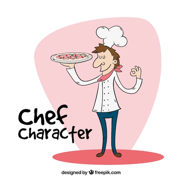 Personaje de cocinero con pizza deliciosa dibujado a mano