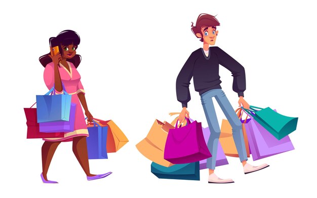 Personaje de comprador de un centro comercial con bolsas de papel