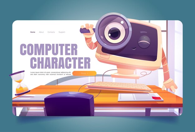 Personaje de computadora en el escritorio de oficina página de inicio de dibujos animados lindo escritorio de pc con cara sonriente mirada a través de ...
