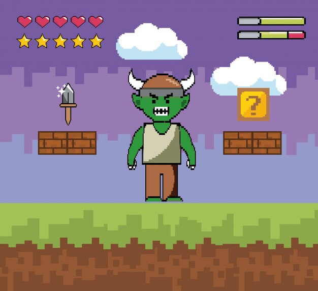 Personaje demonio con cuchillo y cubo con barras de vida.