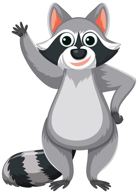 Personaje de dibujos animados amigable mapache saludando con la mano