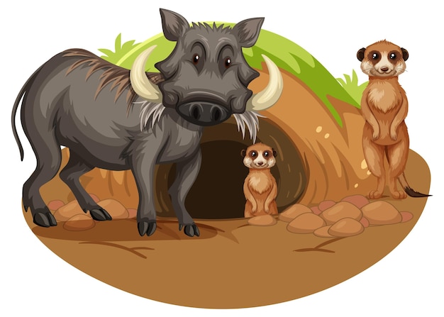 Vector gratuito personaje de dibujos animados de animales de jabalí y suricatas