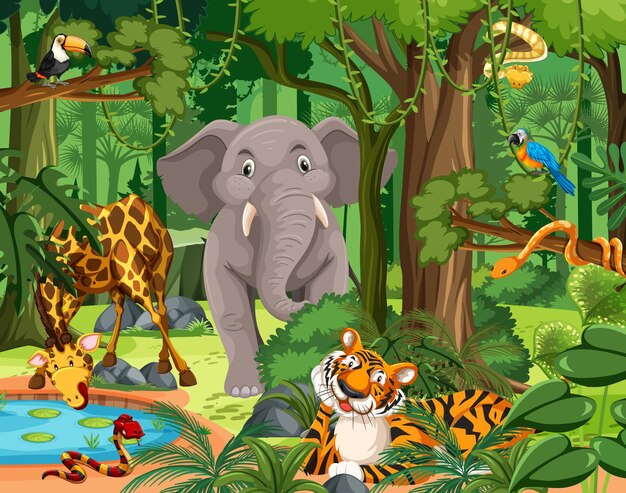Personaje de dibujos animados de animales salvajes en la escena del bosque