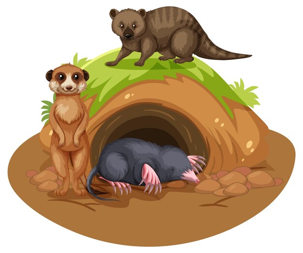 Personaje de dibujos animados de animales salvajes con madriguera