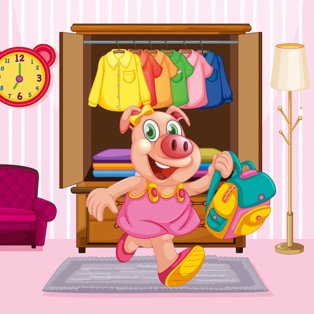 Un personaje de dibujos animados de cerdo en la habitación.
