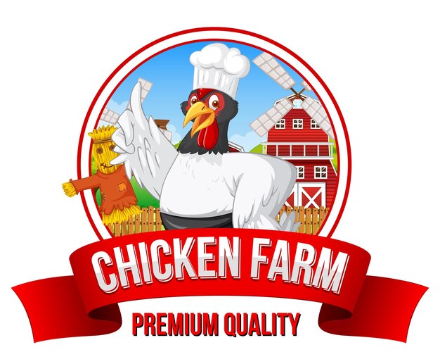 Personaje de dibujos animados de chef de pollo con pancarta de granja de pollos