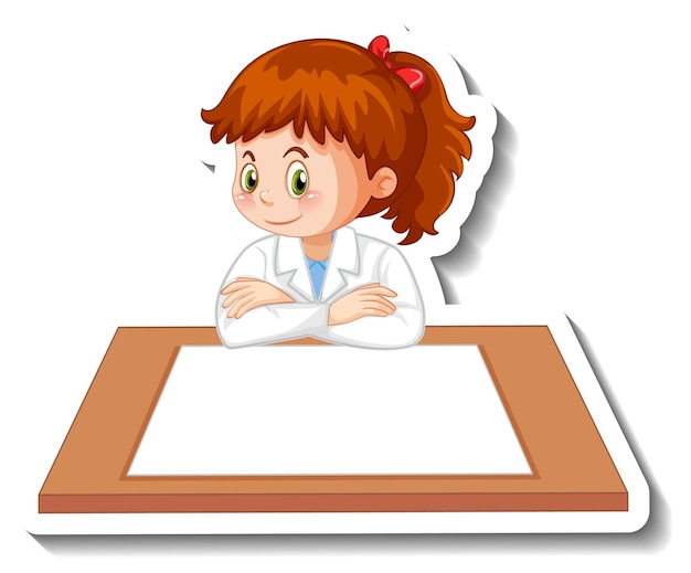 Vector gratuito personaje de dibujos animados de chica científico con mesa en blanco