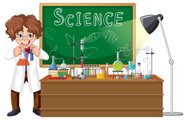 Personaje de dibujos animados científico con objetos de laboratorio de ciencias
