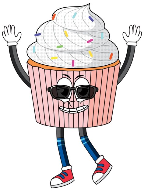 Un personaje de dibujos animados de cupcake sobre fondo blanco.