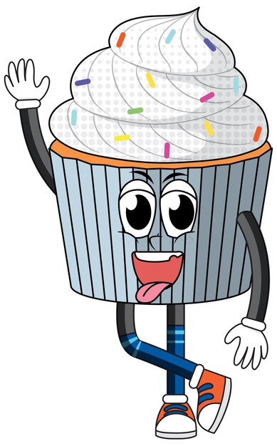 Un personaje de dibujos animados de cupcake sobre fondo blanco.