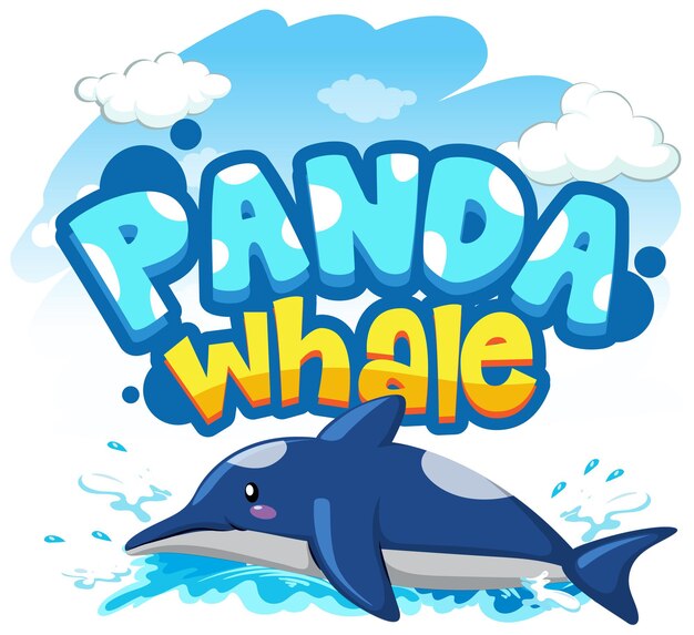 Personaje de dibujos animados de delfines con banner de fuente Panda Whale aislado