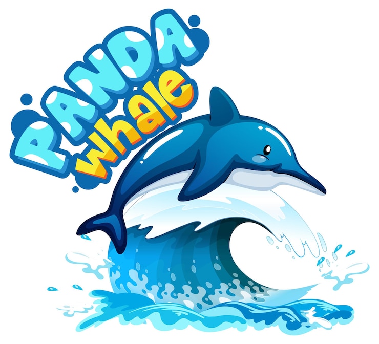 Vector gratuito personaje de dibujos animados de delfines con banner de fuente panda whale aislado