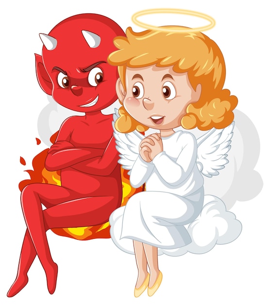 Personaje de dibujos animados de diablo y ángel sobre fondo blanco