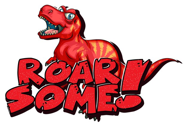 Personaje de dibujos animados de dinosaurios con banner de fuente rugido