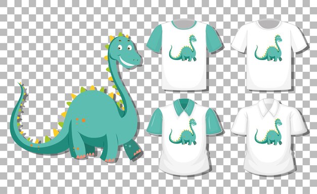 Personaje de dibujos animados de dinosaurios con un conjunto de diferentes camisetas aisladas sobre fondo transparente