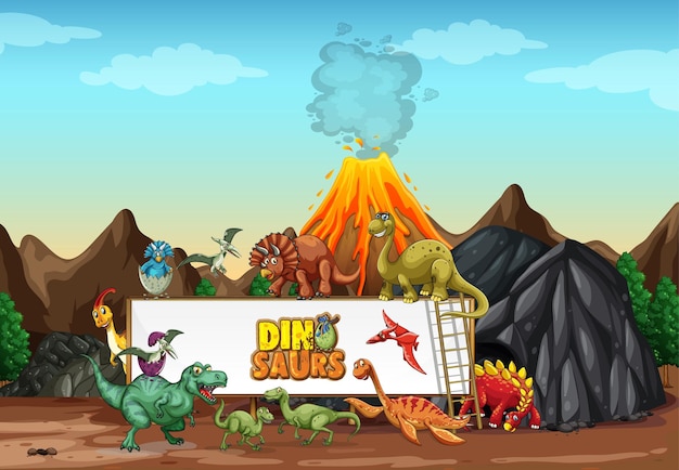 Personaje de dibujos animados de dinosaurios en la escena de la naturaleza