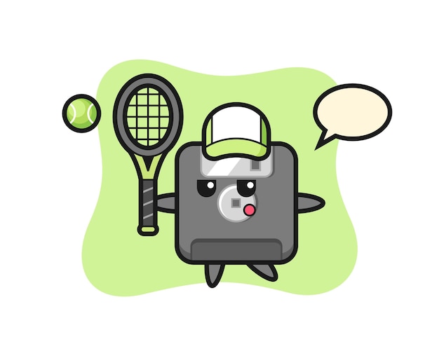 Personaje de dibujos animados de disquete como jugador de tenis