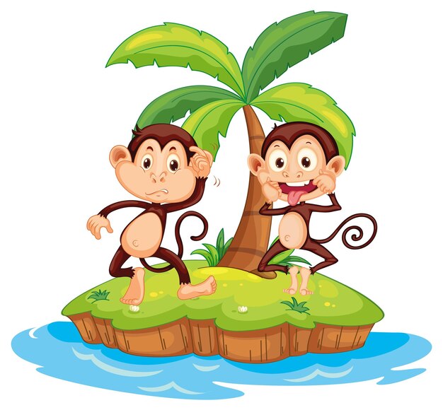 Personaje de dibujos animados de dos monos divertidos en isla aislada