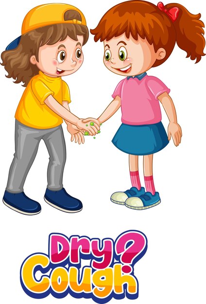 El personaje de dibujos animados de dos niños no mantiene la distancia social con la fuente Dry Cough aislada sobre fondo blanco