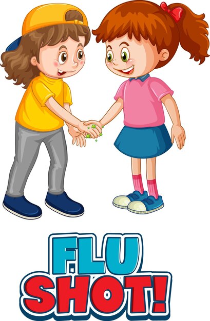 El personaje de dibujos animados de dos niños no mantiene la distancia social con la fuente Flu Shot aislada sobre fondo blanco