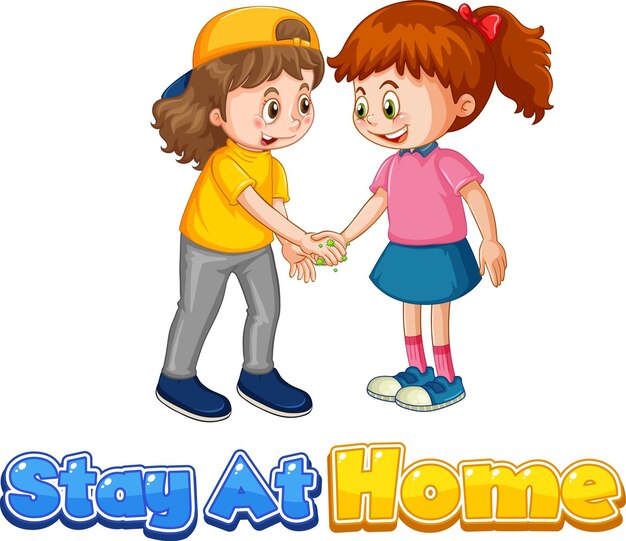 El personaje de dibujos animados de dos niños no mantiene la distancia social con la fuente Stay at Home aislada sobre fondo blanco